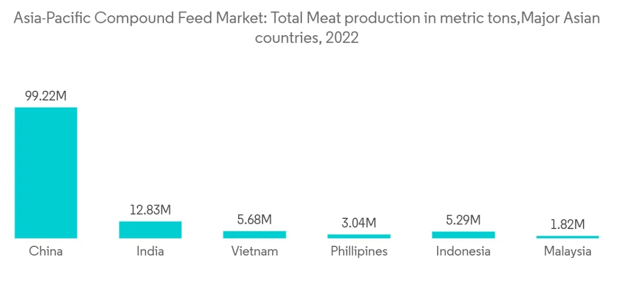 Asia-Pacific Compound Feed Market: Total Meat production in metric tons, Major Asian countries, 2022